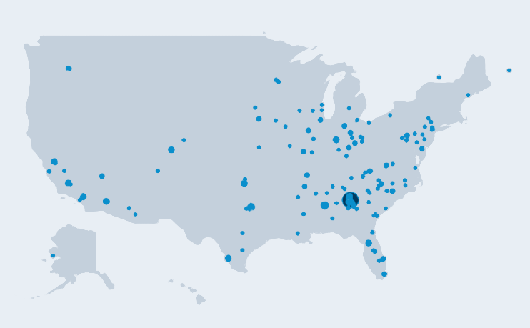 Map of installed forklift simulators across the United States, spread over most states, with the largest concentration in Georgia