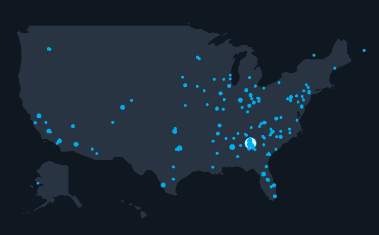 Map of installed forklift simulators across the United States, spread over most states, with the largest concentration in Georgia
