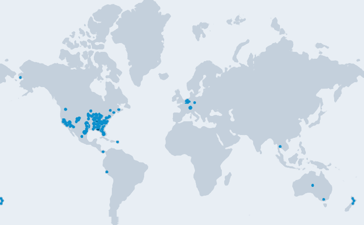 World map of installed forklift simulators: most sites in the United States, plus sites in Europe, Latin America, Southeast Asia, Australia and New Zealand