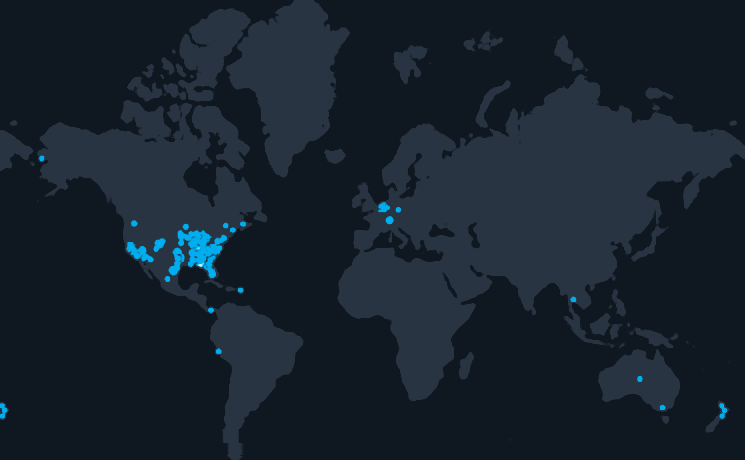 World map of installed forklift simulators: most sites in the United States, plus sites in Europe, Latin America, Southeast Asia, Australia and New Zealand
